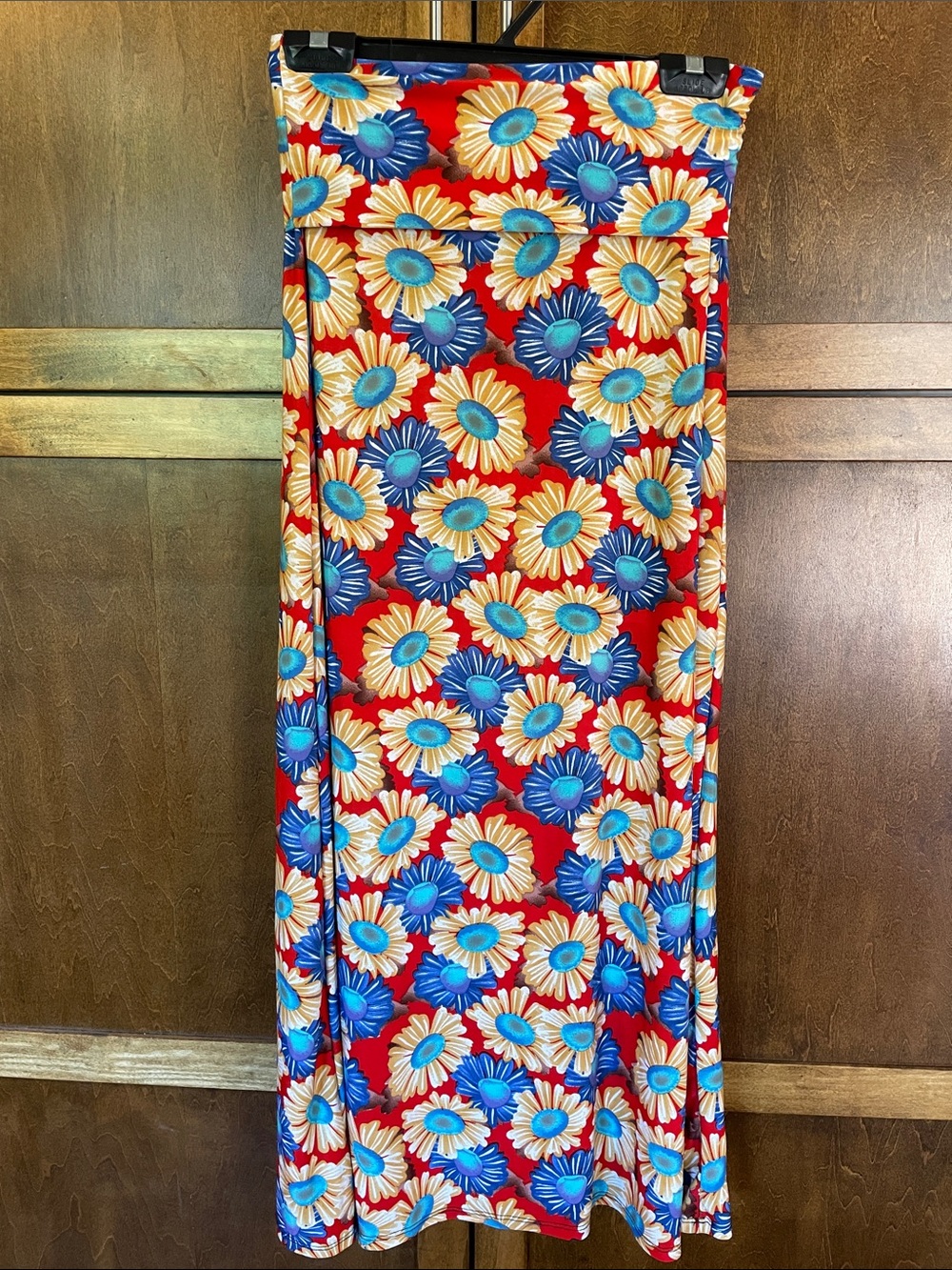 Fusion Floral Red Maxi Skirt with Blue & Cream Daisies